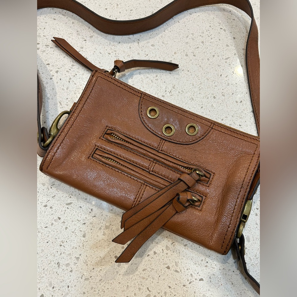HYPE Brown Leather Grommet Crossbody Bag with Adjustable Strap
